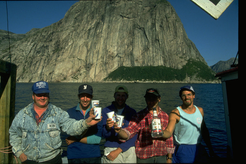 Paul Lushman, Jeff Butterfield, Chris Kane, George Durnford, Joe Terravecchia . Toasting to a successful trip with rum & cokes at 8 a.m.