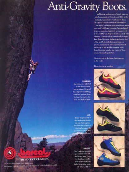 Boreal advert (1990) with John Bachar soloing <em>Gravity</em> (5.12a), Dexter Canyon<br>
<br>
Photo: Bachar Collection