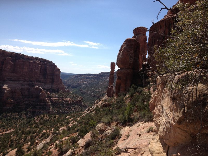 We fixed a single 70 and rapped off of the North side of the ridge that leads out to the towers. From here Dreamspeaker is in view. With a little zig zagging, we were able to traverse to the saddle.