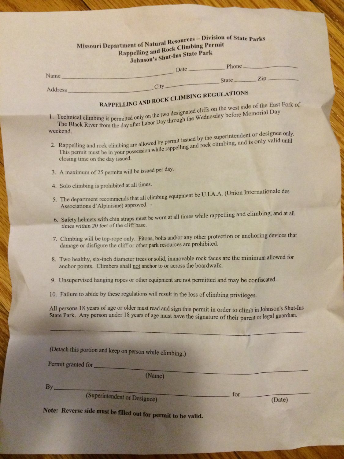 Park Climbing Permit