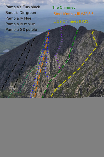 another view of Pamola. Blue = Pamola IV and right variation, and the Green route would be Baron's Direct?