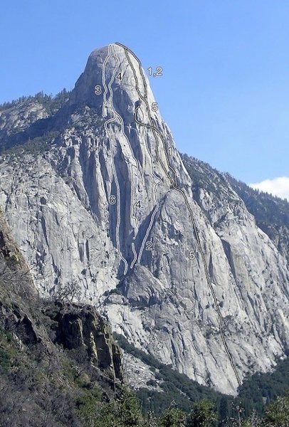 Tehipite Dome: (1) South Face/Time Warp (Beckey-Swedlund & Ahern-Weeks, 1963; FFA Bard-Harrington-Leversee, 1983). (2) Southwest Face (Chadwick-Kroger-Weeden, 1970). (3) Too Hip (Felton-Leversee, 1996). (4) In the Niche of Time (Felton-Joe-Zielsky, 1997). (5) Wall of Ages (Fehrman-Nettle-Sweeney-Thau, 2001). (6) Tehipite Sanction (Brumbaugh-Menitove-Pizem, 2010). Jay Wilkerson<br>
<br>
Photo found on American Alpine Club Website. <br>
<br>
My understanding is Wall of Ages is 3400' !!!