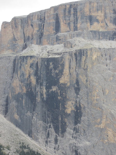 Black streaked area on Piz Pordoi is just left of the Fedele Route.