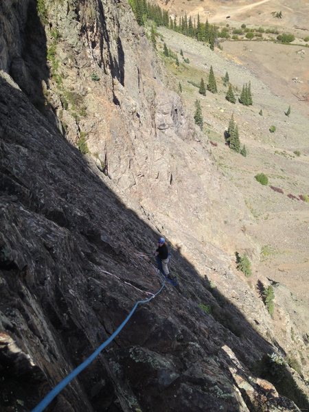 Hardrock Miner looking down at the belay for pitch 4. This was my favorite pitch.
