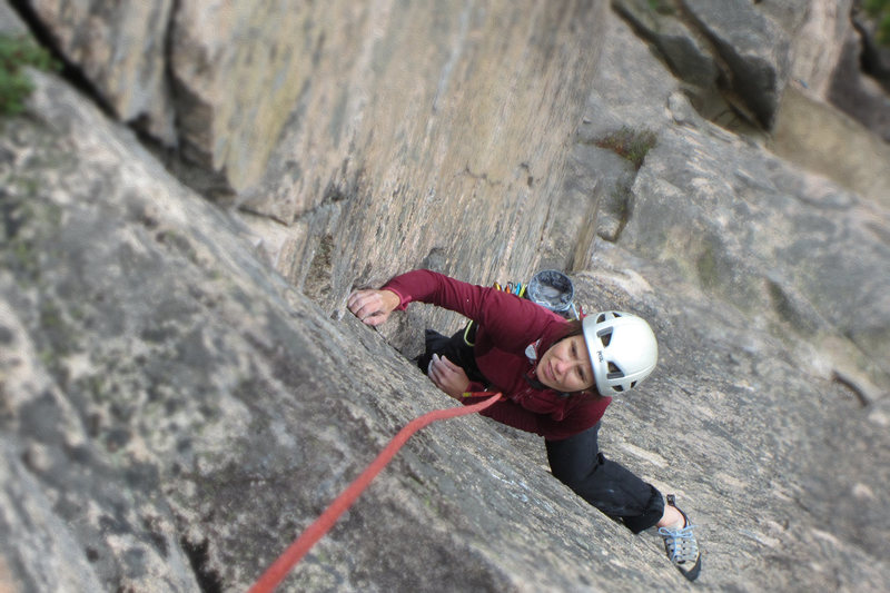Just past the crux. Buckets await. Amazing stemming and laybacking.