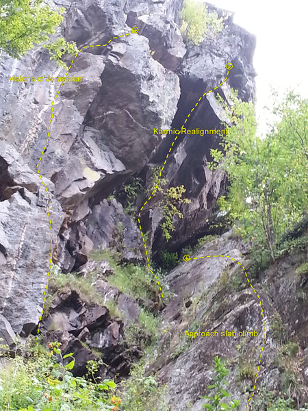 Seen from the toe of the cliff.<br>
The line on the right is the slab climb to get to Karmic. The one on the left is Visions of Jeruslem. Karmic is in the middle.