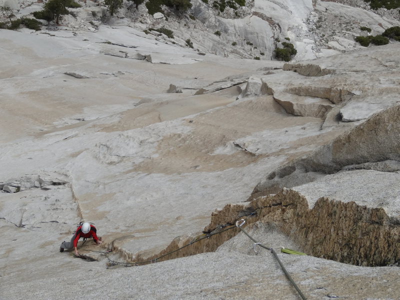 Aaron following the crux 7th pitch on an early recon mission.