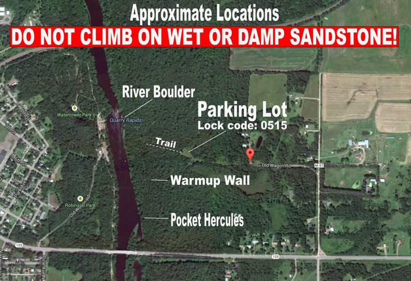 I only say it because it needs to be said; DO NOT climb on wet rock here. We have worked too hard as a community to save this land. If you arrive and the rock is wet, or even the slightest bit damp, walk away from it. Do something else, go somewhere else. Don't be the person that didn't heed that warning and breaks a hold because you were impatient. We now have a parking lot at the end of Old Wagon Rd. Go down Old Wagon Rd, continue straight on the gravel road to the locked gate, use the code 0515 to open the gate, lock it behind you going in and out. There is an obvious trail from the parking lot to the old angle road, when you get there, go left downhill. You'll see a trail go off to the right, that leads towards the River Boulder. Or, continue on to the left to approach the Warmup Wall and Pocket Hercules area. Many other problems and areas not on this map. Only going with what I know for sure. Someday, more beta will be shared by those in the know. Have fun, be safe, respect this area. It took more work than you know by more people than will be credited for us to be able to climb here today. Thank you to those who came before me, I'm forever indebted to your efforts.