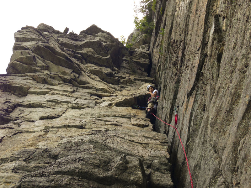 Jed trying his best (and succeeding) to make the crux pitch more difficult.
