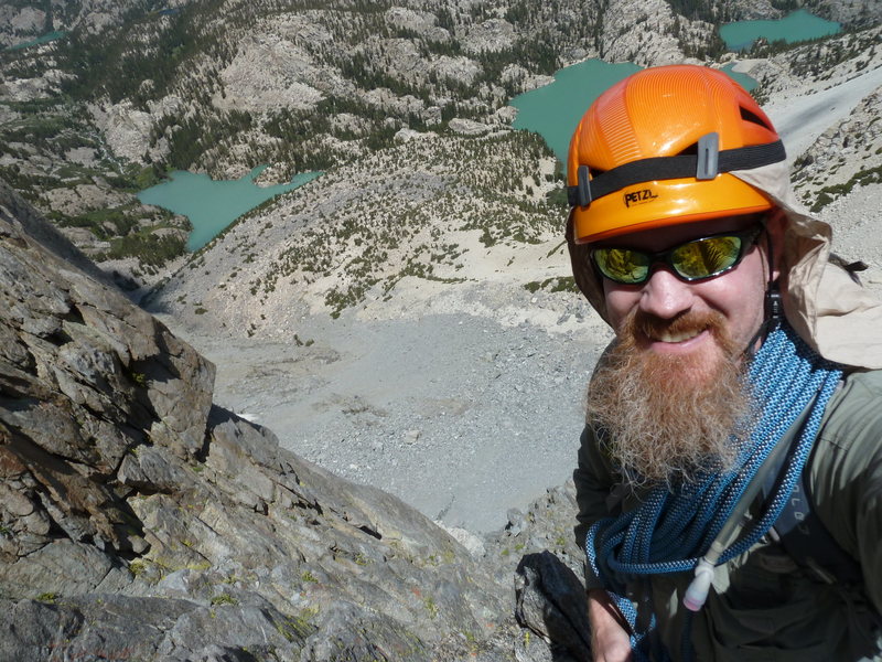 1/4 the way up Moon Goddess Arete on Temple Crag (tent site at middle lake in the background)