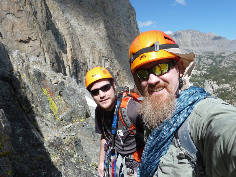 James & Dad on Moon Goddess Arete, Temple Crag about to start the simul-climbing section
