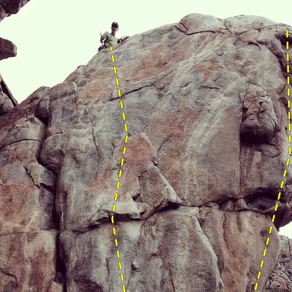 Strider follows the easy line just right of the crack while Isengard is the short but stout, overhung 10c on the right. Also a couple of face climbs up the center in the 5-8,9 range? dunno...