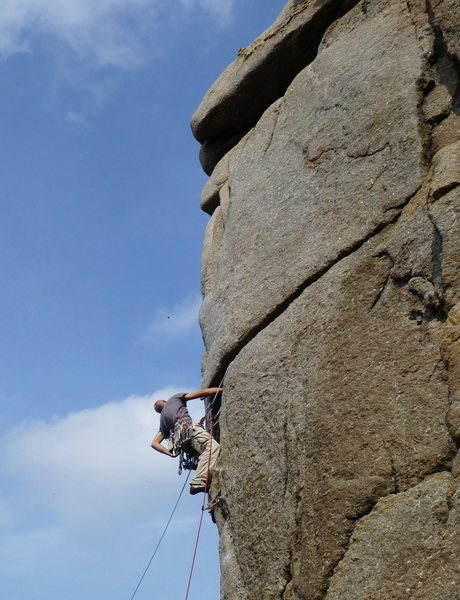 Unknown climber on Samson Arete (E2 6a), Sennen, Cornwall, England. September 2014. Photo by Martin Bennett