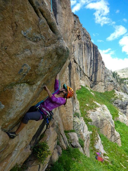 Hannah Trim cruising the steep start to Columbine Calling.