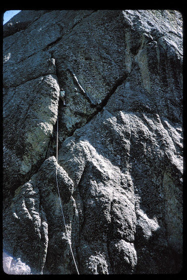 Richard Goldstone on the crux crack, second ascent of the West Buttress of Outer Outlet, 1965 (I think)