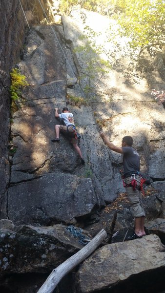 buddies first climb, couldnt understand that falling from the right of the anchor swings you to the left...guess its not easy?
