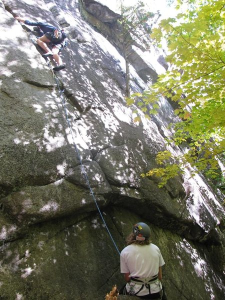 Myself leading rockaholic. I used the crack for feet through the crux section instead of the face. Still felt 5.8 and still felt fun.