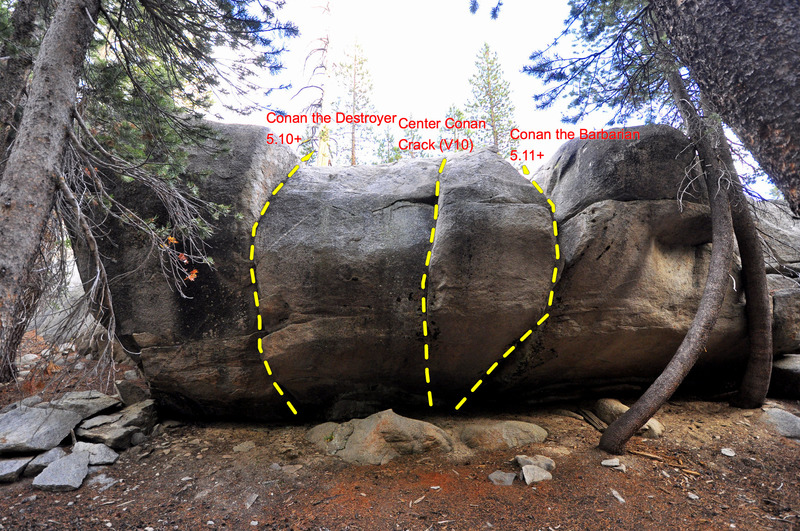 The Conan Formation showing the left and right Conan cracks. The left one is the easier (5.10+) and the right harder (5.11+). The bottomless center crack went at V10 in 2007.