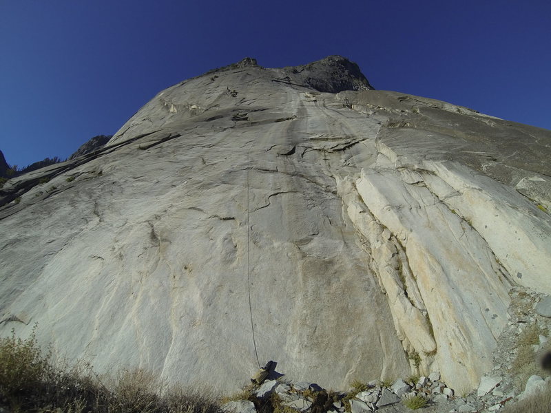 Fixed lines on the bottom 3 pitches of Hall of Mirrors. The route starts about 30 feet to the left of the haul bag.
