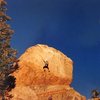 Chuck Scott on the FA of Takes a Thief (5.11a R), Holcomb Valley Pinnacles<br>
<br>
Photo by Tyler Logan