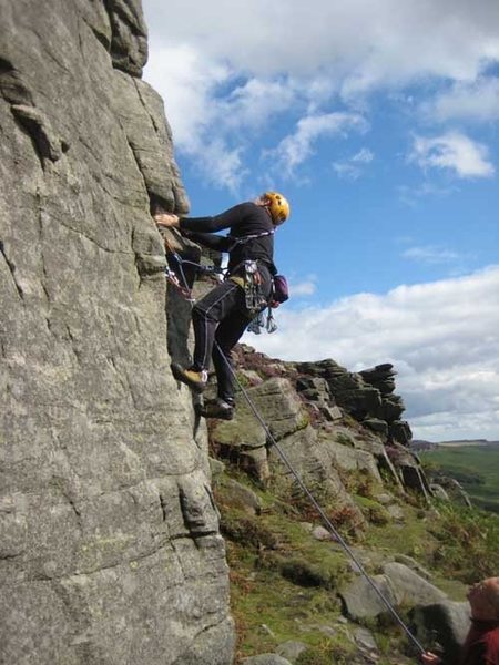 The crux of The Knutter. Blurter Buttress is visible in the background (photo by Phil Ashton)