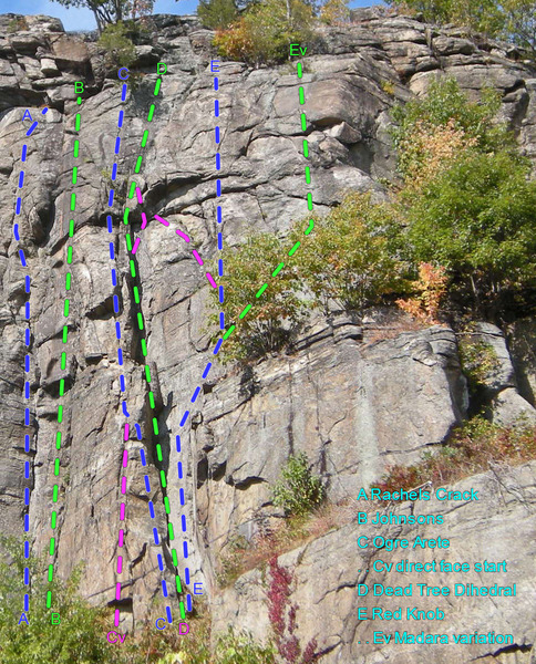old topo Right side of Tower Wall: <br>
- missing a route or two.<br>
A Rachels Crack<br>
B Johnsons<br>
C Ogre Arete<br>
. Cv direct face start<br>
D Dead Tree Dihedral<br>
E Red Knob<br>
. Ev Madara variation