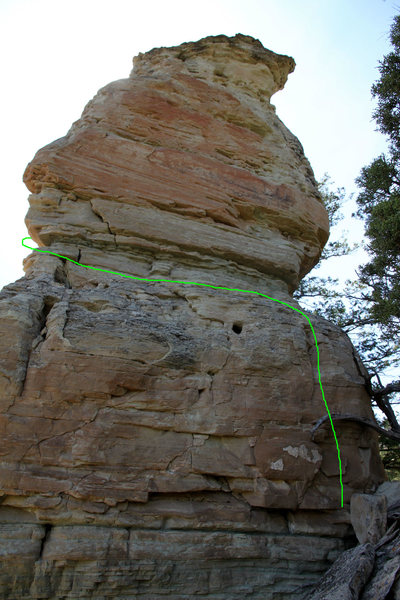 Beginning portion of the original Corkscrew route shown in green on the east face.