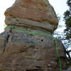 Beginning portion of the original Corkscrew route shown in green on the east face.