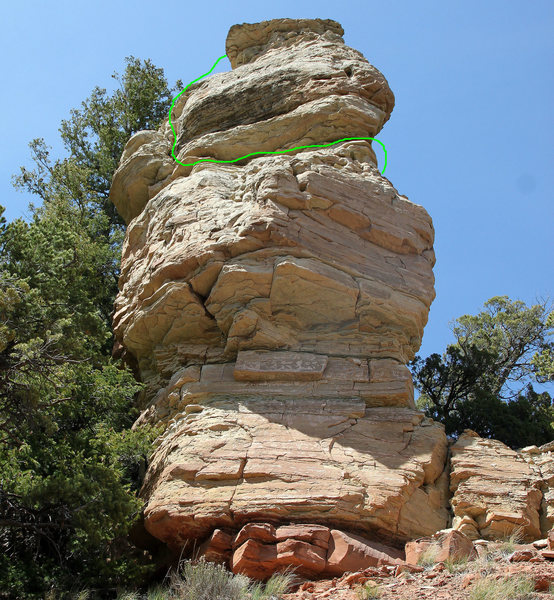 Final portion of the Corkscrew route shown in green on the southwest face.