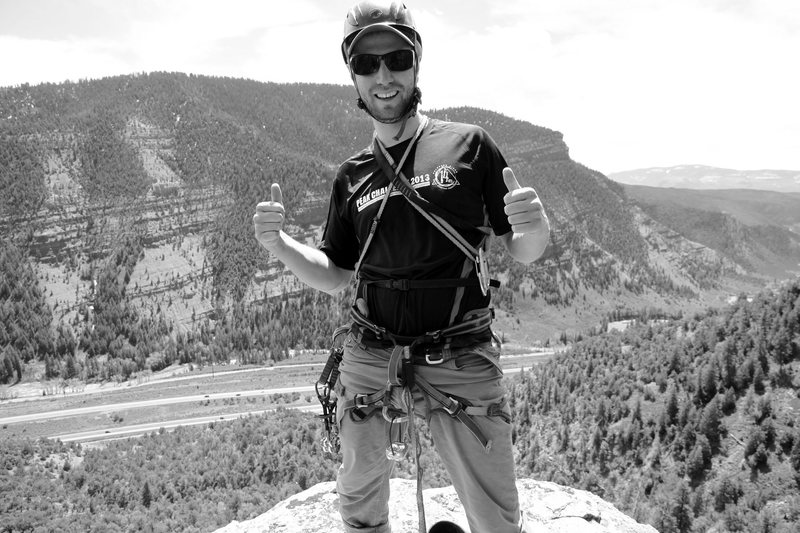 Mike Santoro on the summit of the Wolcott Spire (May 4, 2014) after the believed 2nd ascent of the original Corkscrew Route (5.7).