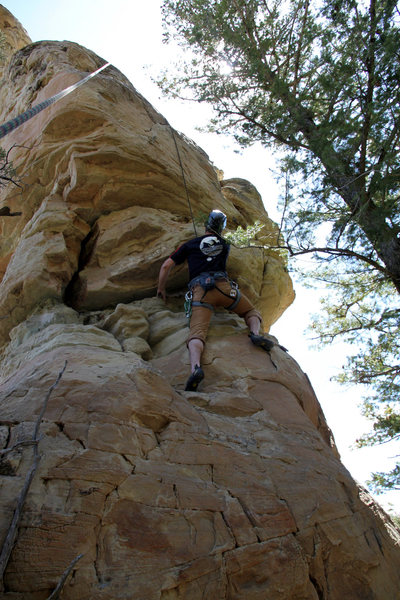 Mike Santoro traversing right at the roof/undercling on the North Face route.