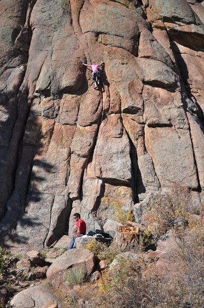 Kat A. gets into the crack-switch sequence on Straw Turkey, the crux if you are short.<br>
<br>
Photo: Carol K., 10/2013.