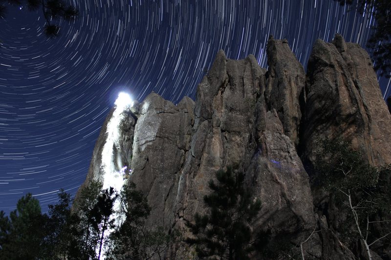 Star trail taken as Mark Rafferty and Isaac Bradsky climb Second Hand Rose Arete