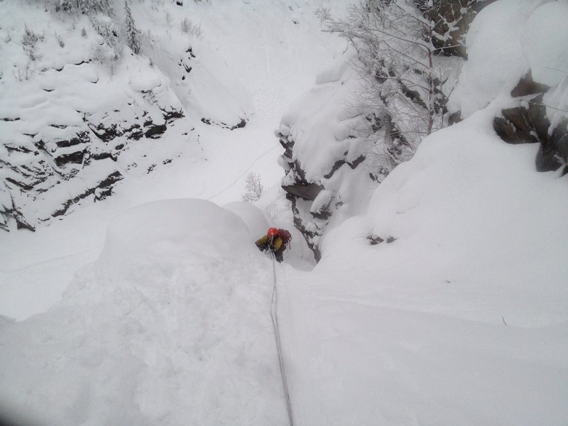 Rjukan, Norway. Kristian ice climbing/swimming up the first pitch of some WI4.