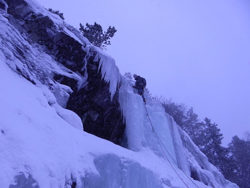 It dumped over a meter and a half of snow on this trip. Last pitch of a three pitch WI4. Rjukan, Norway. February 2014.