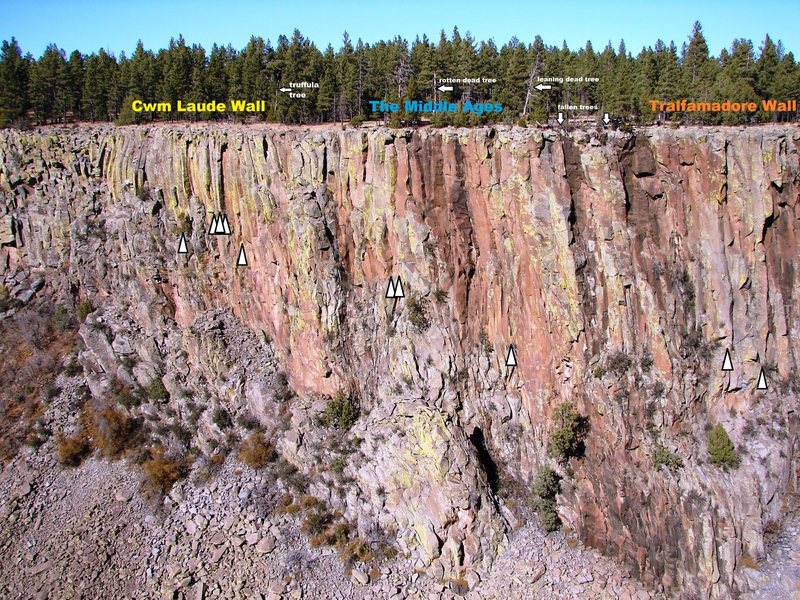 North side overview showing some new and previously undocumented routes.<br>
<br>
Left to right:<br>
<br>
Cwm Laude Wall:<br>
*Cwm What May, 10-<br>
*Cwm Ba Yah, 8+<br>
*Galatine, 11+<br>
*Caul of the Child, 10+<br>
*Up and Cwming, 10+<br>
<br>
The Middle Ages<br>
*White Hawk, 10<br>
*Green Knight, 11-<br>
*Bertilak, 11<br>
<br>
Tralfamadore Wall<br>
*Lost Highway, 10<br>
*Studio 54, 9+