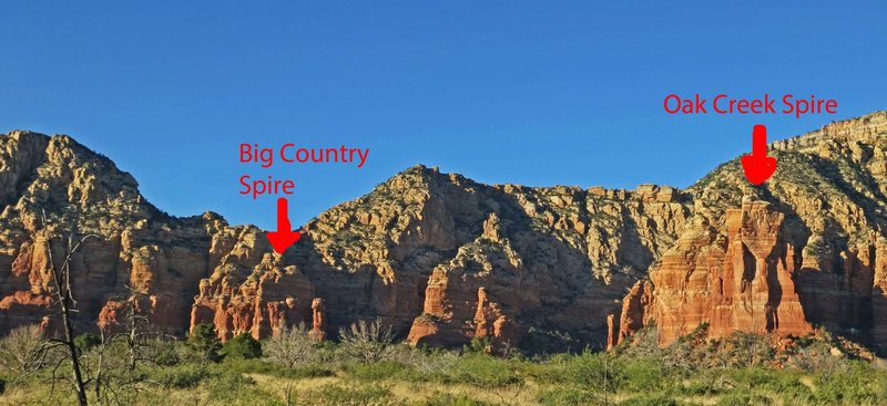 The Big Country Spire and Oak Creek Spire, as seen from the ridge-line on the ridge trail.