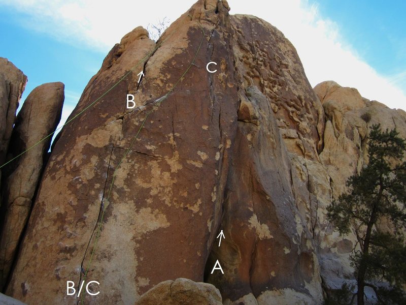 Swiss Cheese Wall, Left Side A. What's Hannen 5.10b B. Single Leg Cat 5.10b C. Turning Tricks 5.11a