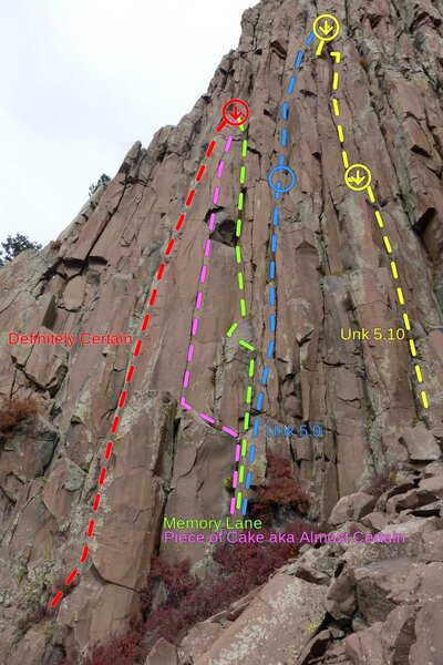 This shows the route, especially the start. It is further downhill than the "Unknown 5.10", but they meet up at the same anchors. There are a few variations to the start.