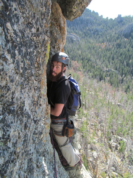 Small gear on the face going up through the second pitch chimney.