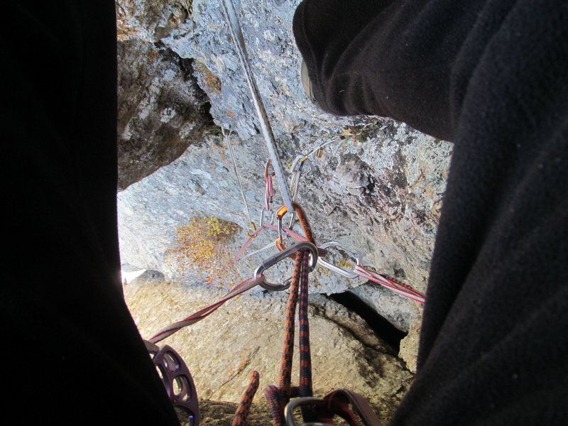 Small gear on the face going up through the second pitch chimney.