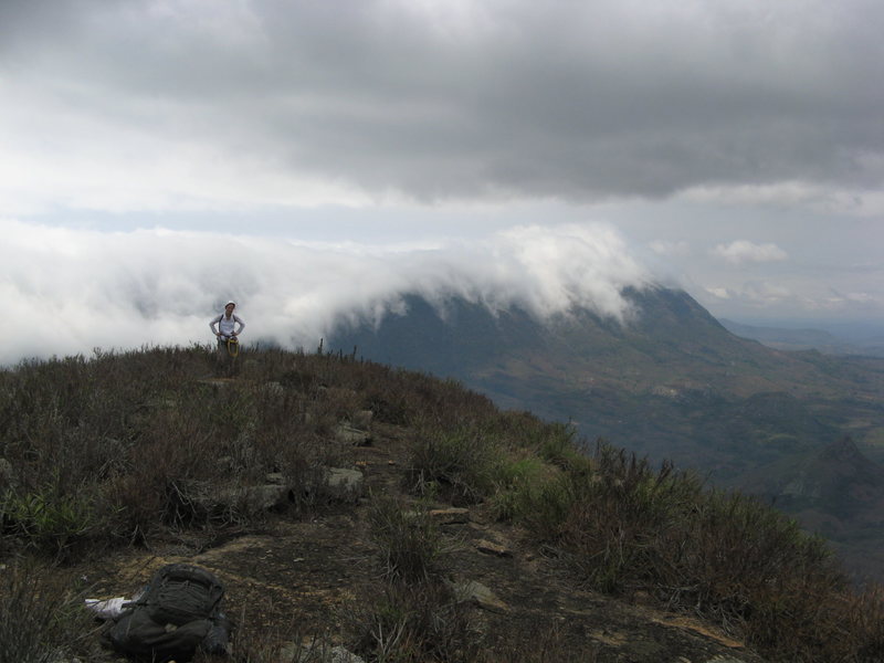 Isabela on the summit ridge with clouds pushing over the Serra N'gelo from the ocean side.