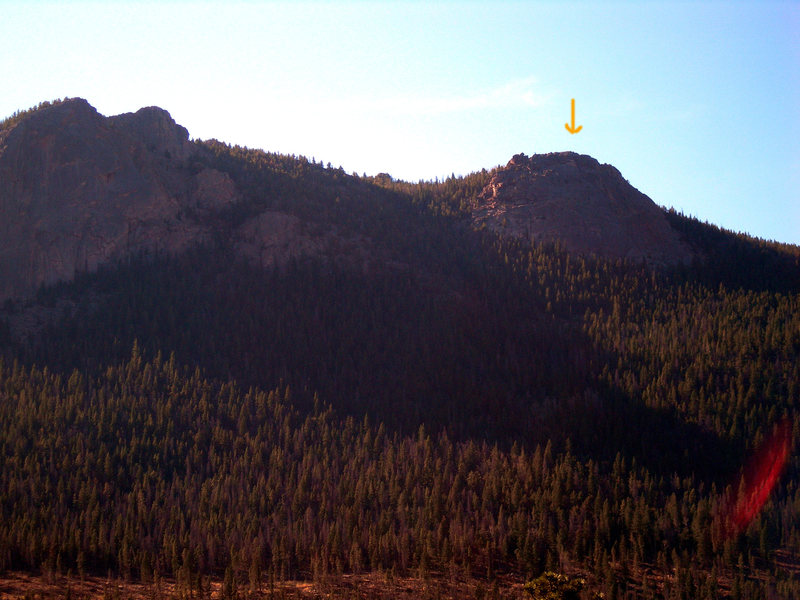 This is the north face of Deer Mountain. The larger crag on the left is Deer Ridge Buttress. The smaller crag under the arrow on the right is Rainbow Rock.