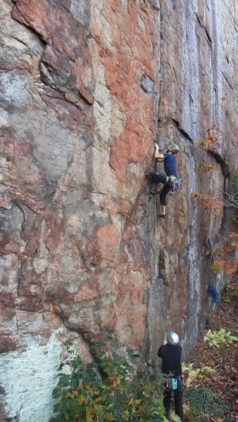On the main wall is this beautiful overhanging crack on an orange face, Release the Kraken.