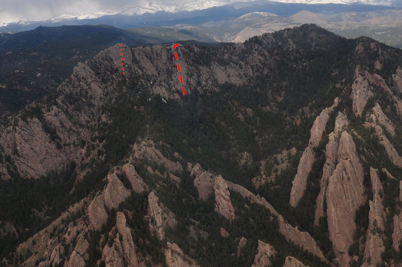 A birds-eye vies of the S. Summit of Green Mt. Visible here are the Standard E Face Route (left, as published) and the 2014 route described on the 3rd tower (right, as climbed).