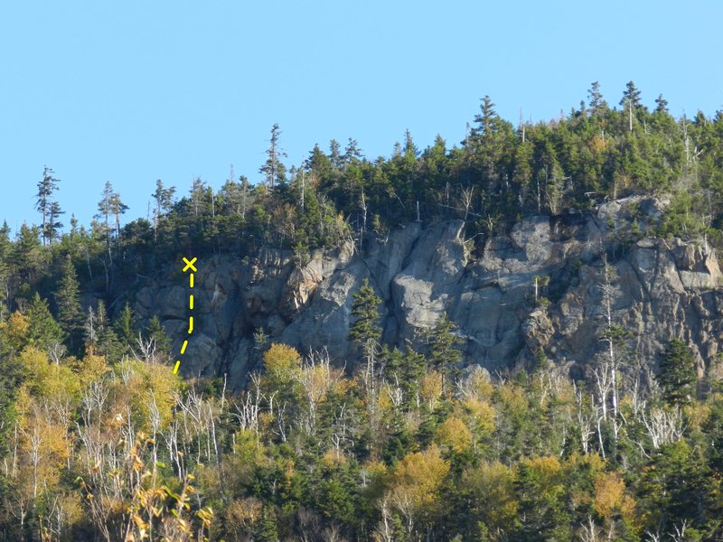 A view of the route Washed Out on the Washout Crag from the campsite at the base of the washout.