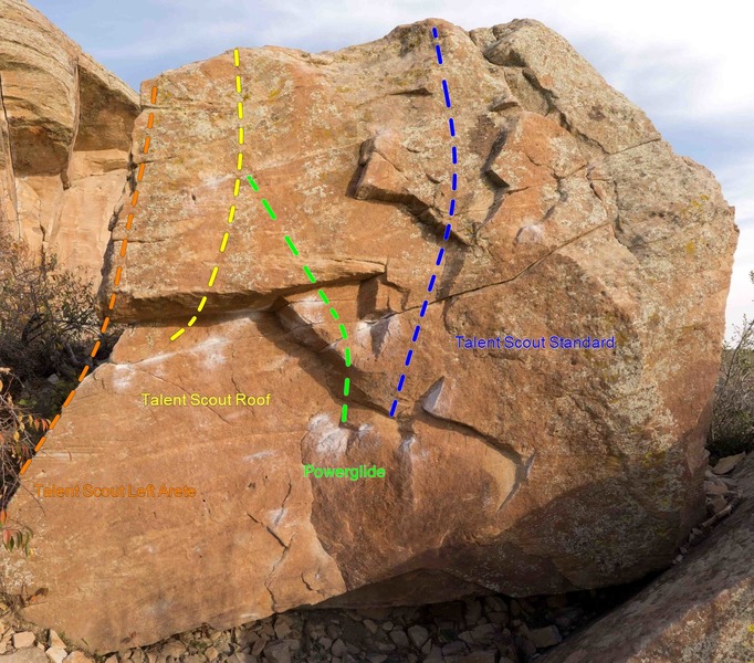 Talent Scout boulder problems (L->R):<br>
Talent Scout Left Arete,<br>
Talent Scout Roof,<br>
Powerglide,<br>
Talent Scout Standard.