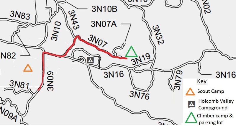 Straight-forward route from scout camp to the climber campgrounds and parking lot. From here you can walk to the routes
