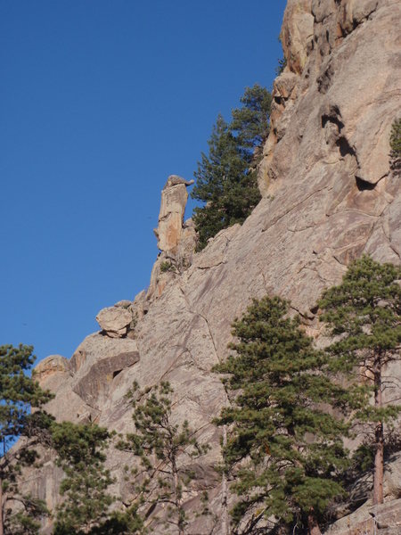 Totem Tower from the east. The route climbs the left skyline.