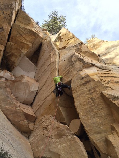 Johnny K bustin' a move on the final 5.10 fist crack to the summit.